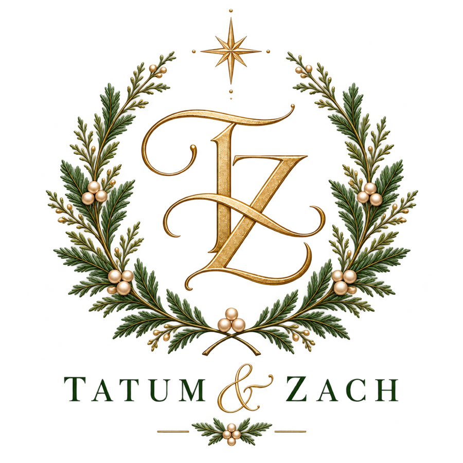 Gold T and Z monogram in an evergreen wreath with pearls and a star