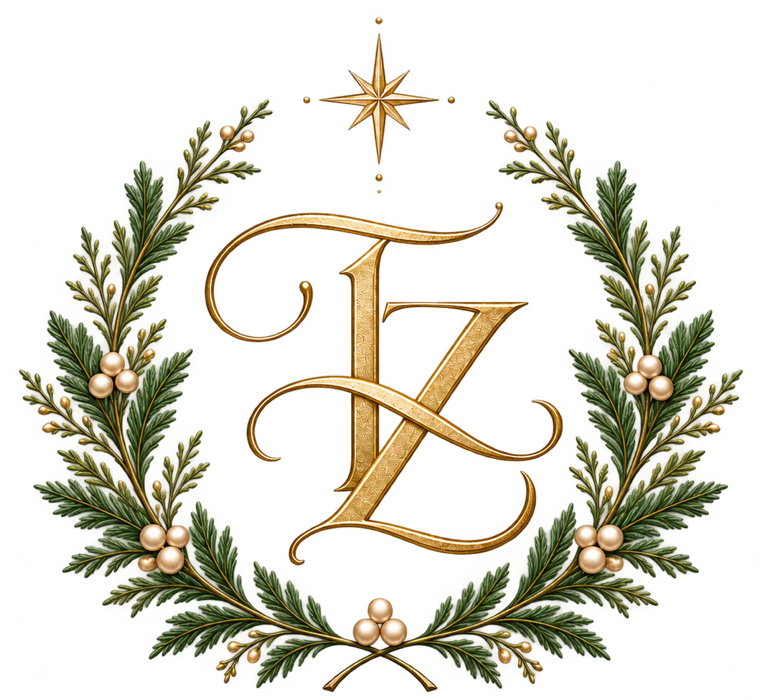 Gold T and Z monogram inside an evergreen wreath